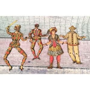 4 Jumping Jack French Paper Dolls Harlequin Pierrot Columbine Vintage 1970s